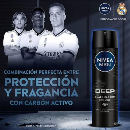 NIVEA MEN Deep Black Carbon Antibacterial Deodorant Spray 150ml – 48H Protection with Charcoal, No Residue - Damoo