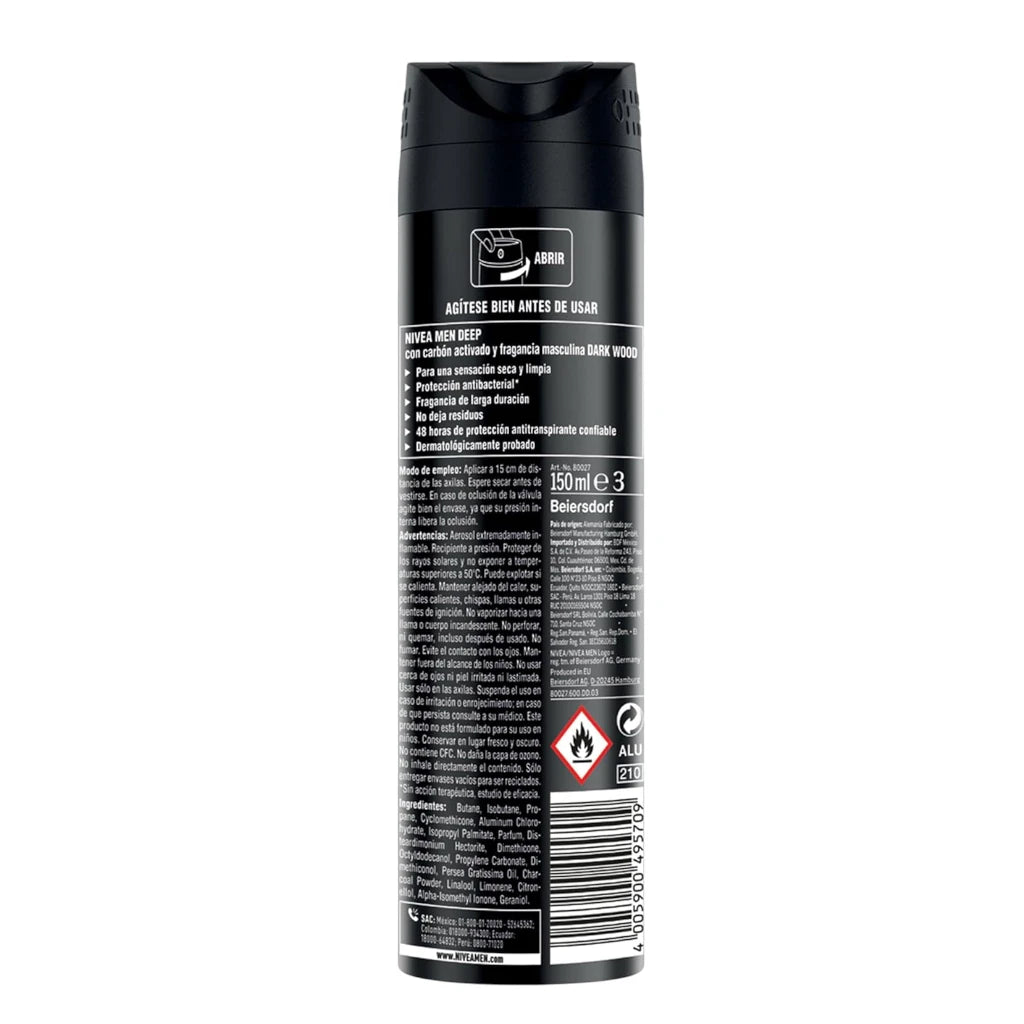 NIVEA MEN Deep Black Carbon Antibacterial Deodorant Spray 150ml – 48H Protection with Charcoal, No Residue - Damoo