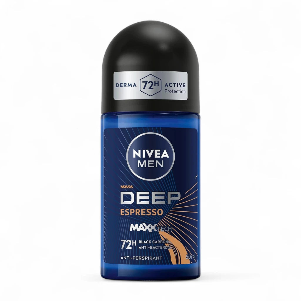 NIVEA MEN Deep Black Carbon Antiperspirant Roll-on for Men 50ml, 48H Sweat & Odour Protection, Antibacterial Formula, Espresso Scent - Damoo