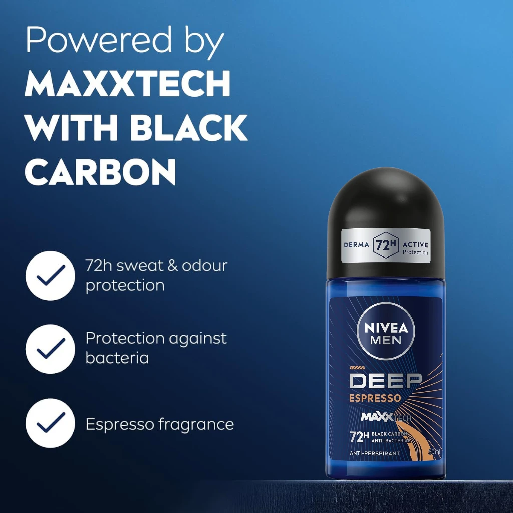 NIVEA MEN Deep Black Carbon Antiperspirant Roll-on for Men 50ml, 48H Sweat & Odour Protection, Antibacterial Formula, Espresso Scent - Damoo