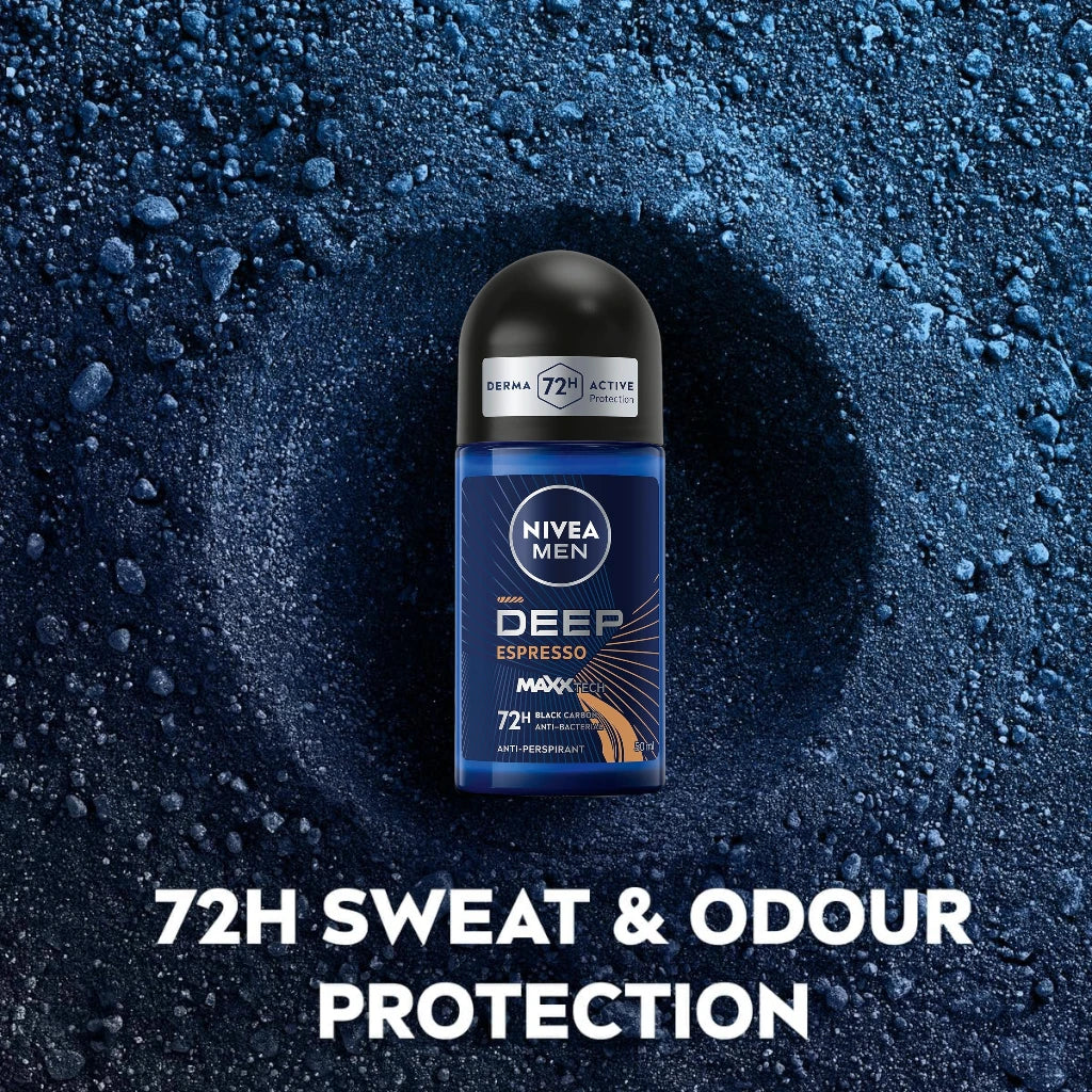 NIVEA MEN Deep Black Carbon Antiperspirant Roll-on for Men 50ml, 48H Sweat & Odour Protection, Antibacterial Formula, Espresso Scent - Damoo