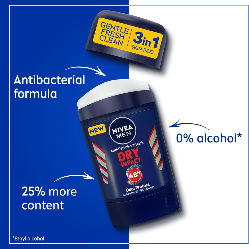NIVEA MEN Dry Impact 3 in 1 Antiperspirant Stick 50ml – 48h Sweat & Odor Protection, Alcohol-Free, Light Masculine Scent - Damoo
