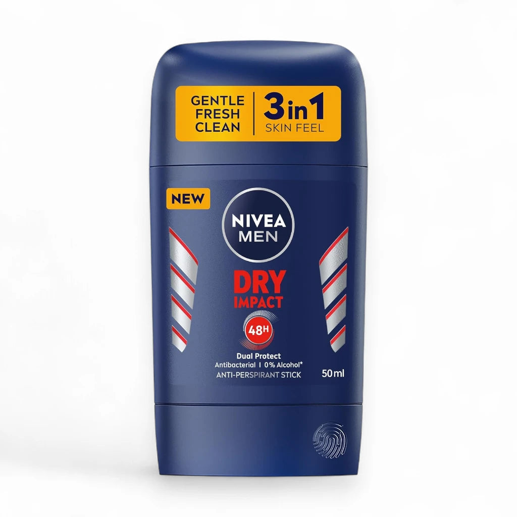 NIVEA MEN Dry Impact 3 in 1 Antiperspirant Stick 50ml – 48h Sweat & Odor Protection, Alcohol-Free, Light Masculine Scent - Damoo