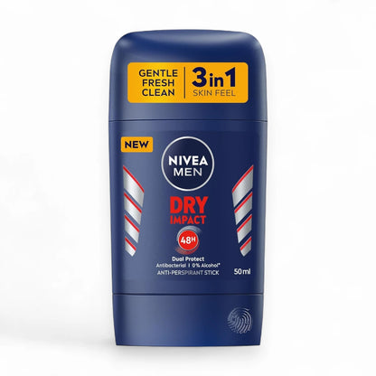NIVEA MEN Dry Impact 3 in 1 Antiperspirant Stick 50ml – 48h Sweat & Odor Protection, Alcohol-Free, Light Masculine Scent - Damoo