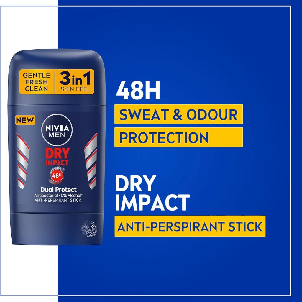 NIVEA MEN Dry Impact 3 in 1 Antiperspirant Stick 50ml – 48h Sweat & Odor Protection, Alcohol-Free, Light Masculine Scent - Damoo