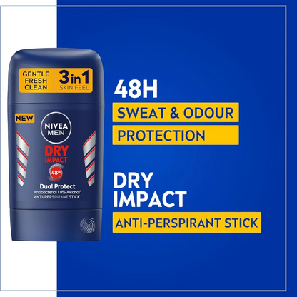 NIVEA MEN Dry Impact 3 in 1 Antiperspirant Stick 50ml – 48h Sweat & Odor Protection, Alcohol-Free, Light Masculine Scent - Damoo