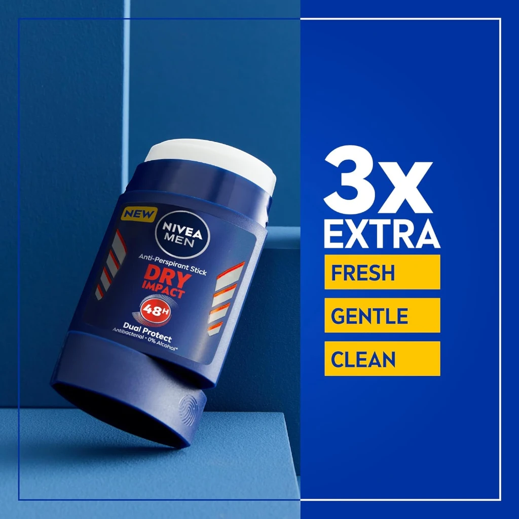 NIVEA MEN Dry Impact 3 in 1 Antiperspirant Stick 50ml – 48h Sweat & Odor Protection, Alcohol-Free, Light Masculine Scent - Damoo