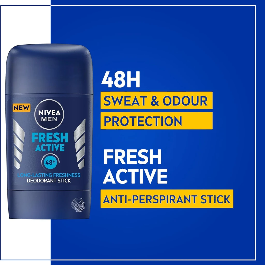 NIVEA MEN Fresh Active Antiperspirant Deodorant Stick 50ml, 48H Sweat & Odour Protection with Ocean Extracts, Alcohol-Free - Damoo