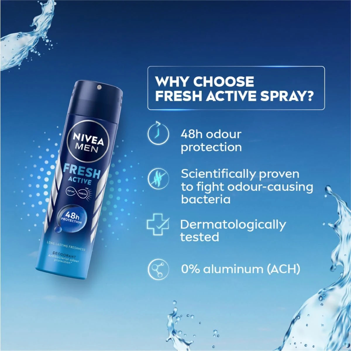 NIVEA MEN Fresh Active Deodorant Spray 150ml – 48H Antiperspirant Protection with Invigorating Mint Scent - Damoo