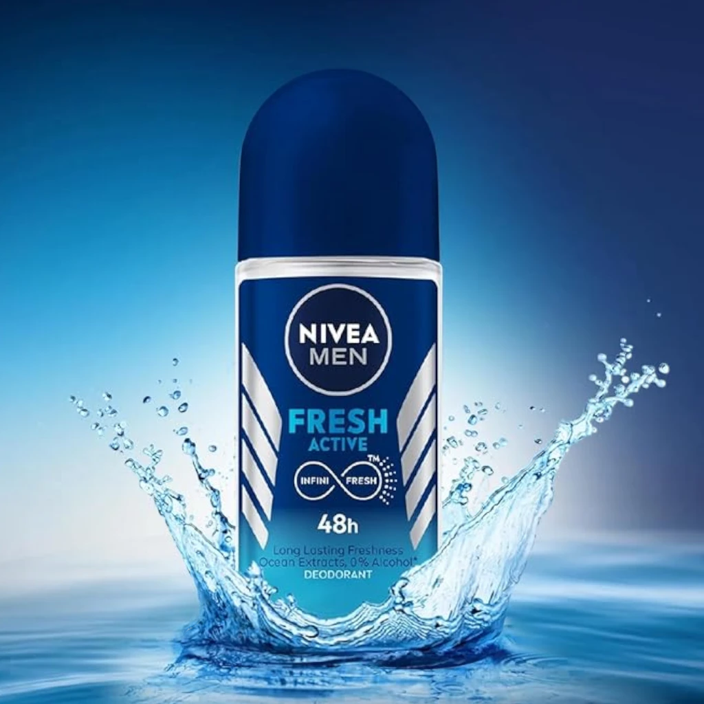 NIVEA MEN Fresh Active Roll-On Antiperspirant Deodorant 50ml – 48H Sweat & Odor Protection, Ocean Extracts, No Alcohol - Damoo