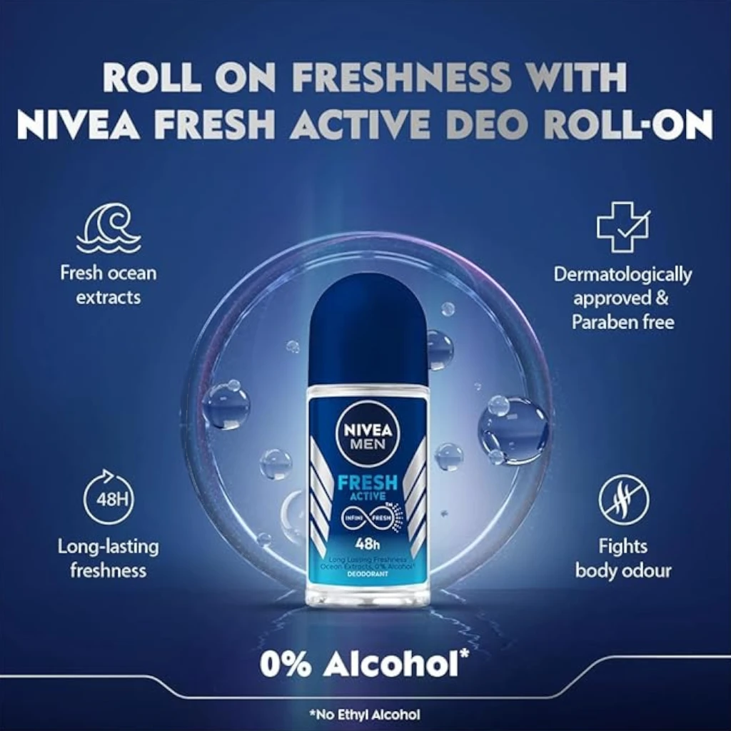 NIVEA MEN Fresh Active Roll-On Antiperspirant Deodorant 50ml – 48H Sweat & Odor Protection, Ocean Extracts, No Alcohol - Damoo