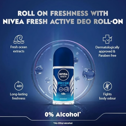 NIVEA MEN Fresh Active Roll-On Antiperspirant Deodorant 50ml – 48H Sweat & Odor Protection, Ocean Extracts, No Alcohol - Damoo