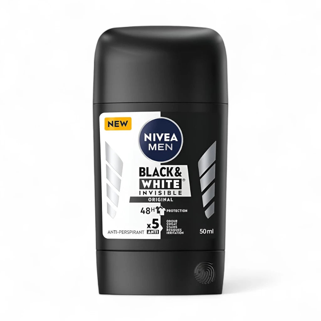 NIVEA MEN Invisible Black & White Deodorant Stick 50ml - 48H Antiperspirant Protection, Anti-Stain Formula, Alcohol-Free, Fresh Masculine Scent - Damoo