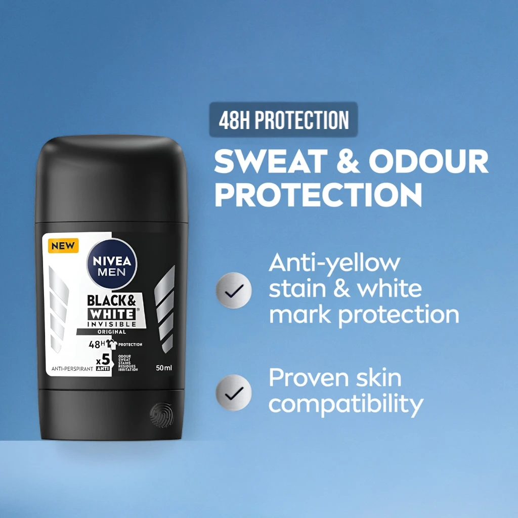 NIVEA MEN Invisible Black & White Deodorant Stick 50ml - 48H Antiperspirant Protection, Anti-Stain Formula, Alcohol-Free, Fresh Masculine Scent - Damoo
