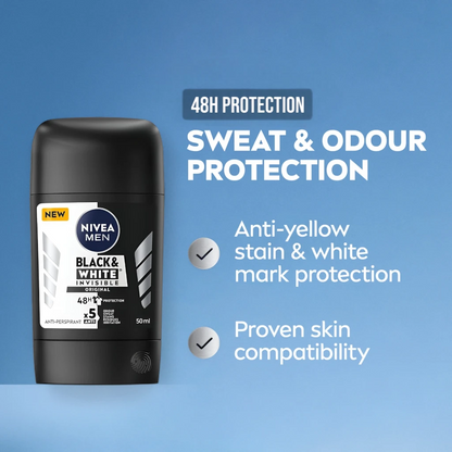 NIVEA MEN Invisible Black & White Deodorant Stick 50ml - 48H Antiperspirant Protection, Anti-Stain Formula, Alcohol-Free, Fresh Masculine Scent - Damoo