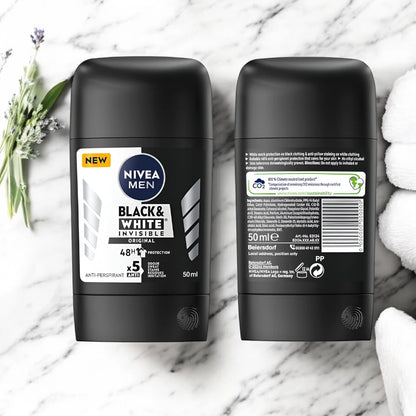 NIVEA MEN Invisible Black & White Deodorant Stick 50ml - 48H Antiperspirant Protection, Anti-Stain Formula, Alcohol-Free, Fresh Masculine Scent - Damoo