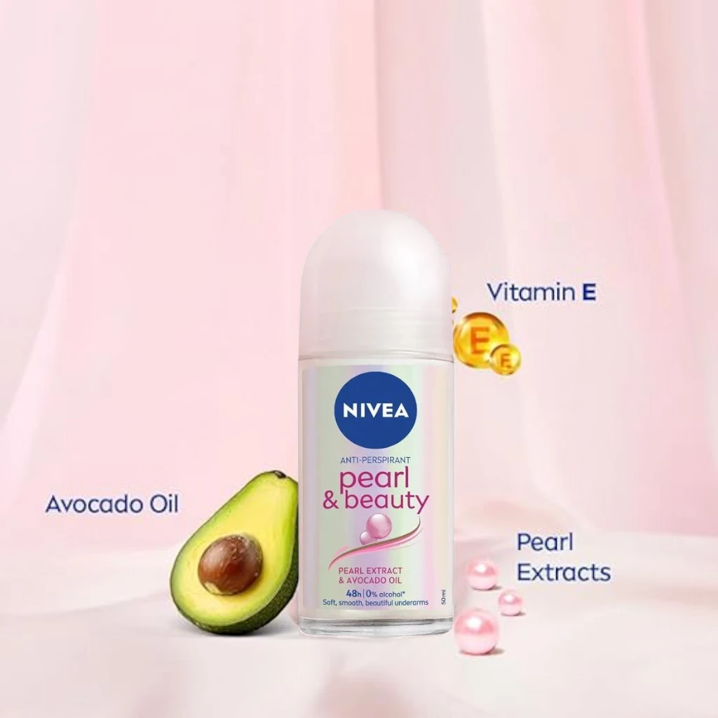 NIVEA Pearl & Beauty Antiperspirant Roll-On for Women 50ml – 48H Protection, Pearl Extract & Avocado Oil, Alcohol-Free, Smooth Underarms - Damoo
