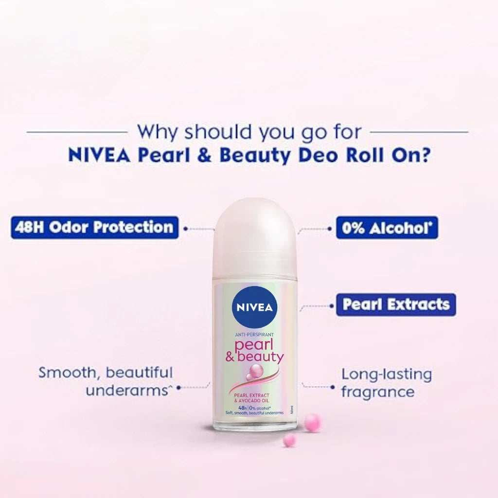 NIVEA Pearl & Beauty Antiperspirant Roll-On for Women 50ml – 48H Protection, Pearl Extract & Avocado Oil, Alcohol-Free, Smooth Underarms - Damoo