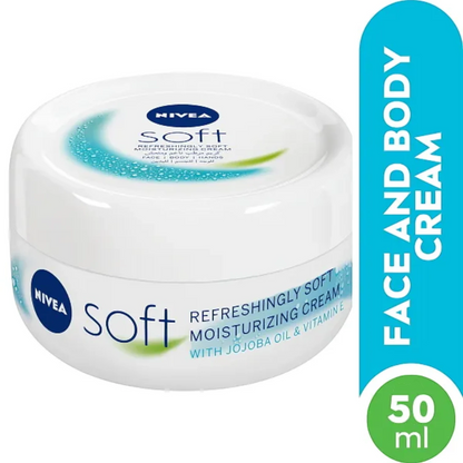 NIVEA Soft Moisturising Cream – Vitamin E & Jojoba Oil | Lightweight Face, Hand & Body Moisturizer | 50ml Travel Jar - Damoo