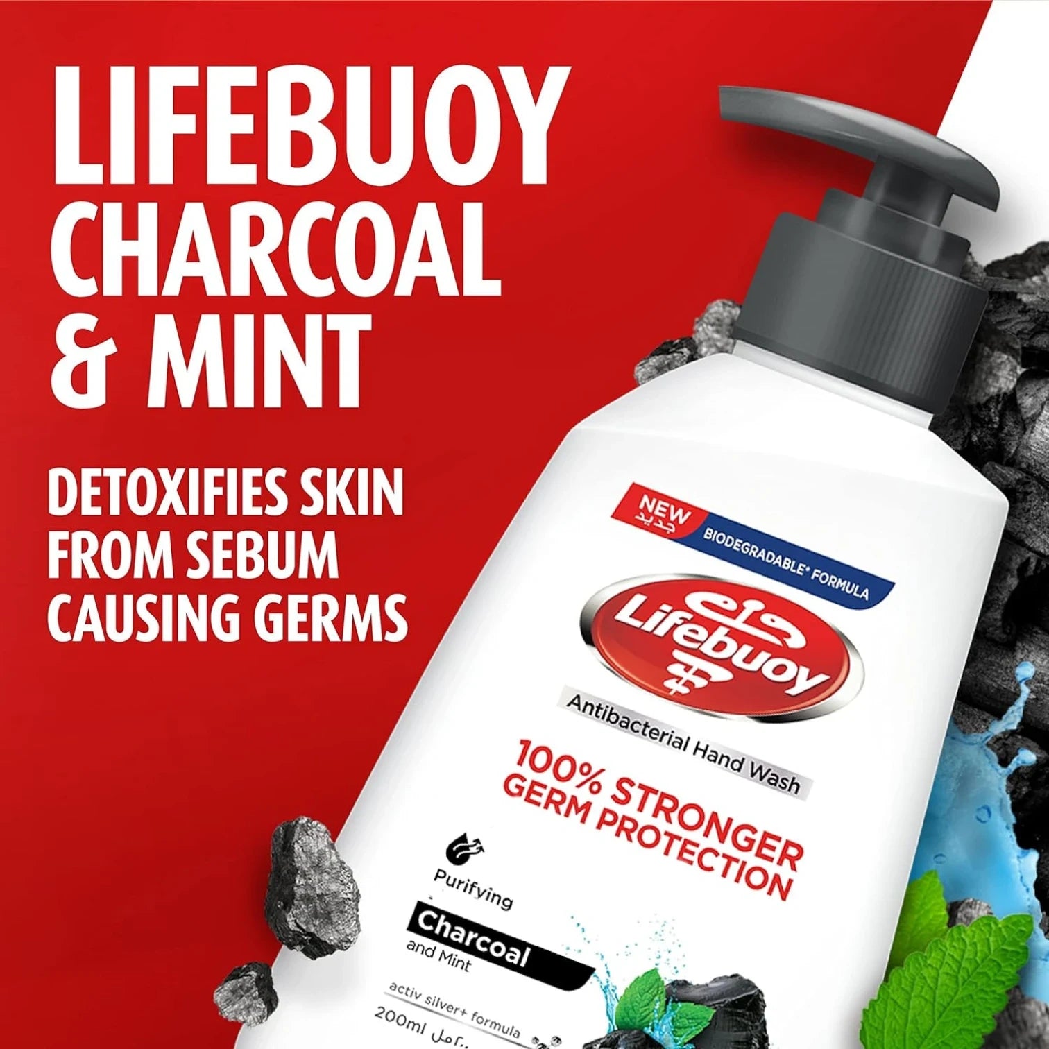 Lifebuoy Anti-Bacterial Hand Wash – Charcoal & Mint 200ml with Activ Silver+ Technology – 100% Stronger Germ Protection - Damoo
