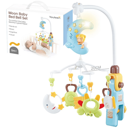 Youleen Moon Baby Bed Bell Set – Musical Carousel with Lights & Hanging Toys | Crib Mobile for Newborns 0M+ with Music & Visual Stimulation - Damoo