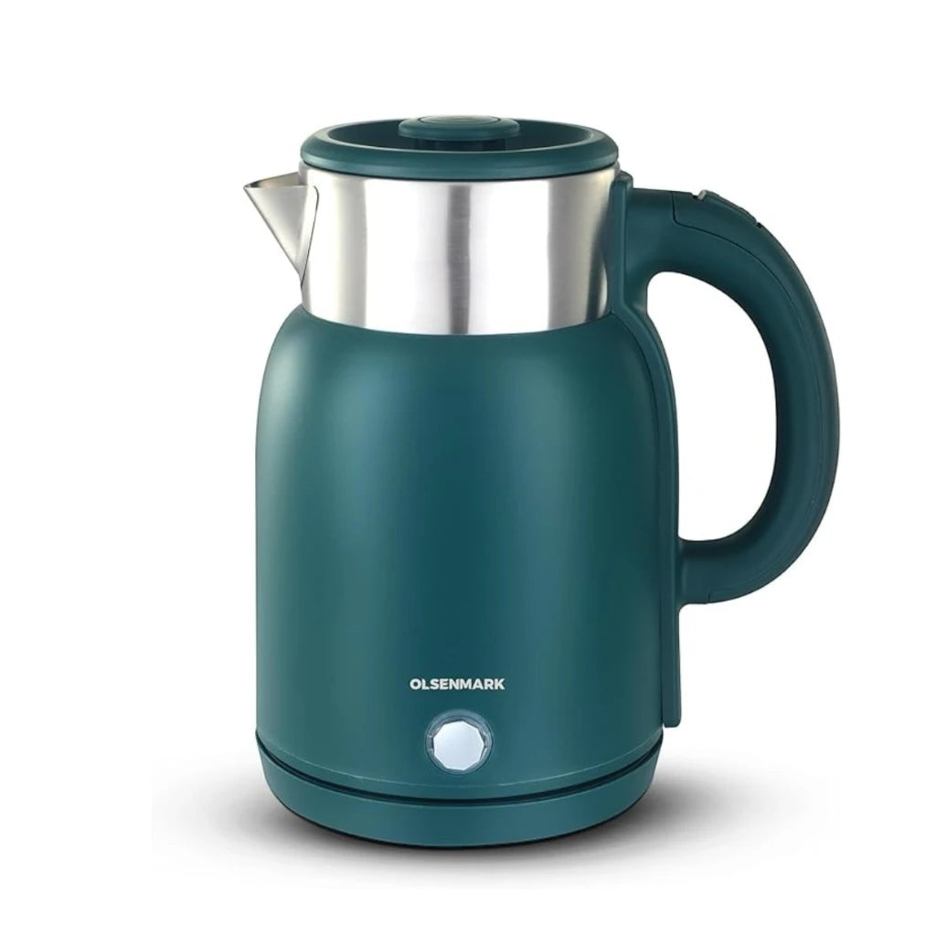 Olsenmark 1.5L Double Layer Electric Kettle OMK7027 – 1500W Stainless Steel Cool-Touch Kettle with 360° Rotating Base, Auto Shut-Off, Overheat & Boil-Dry Protection – Green - Damoo