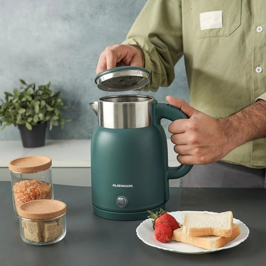 Olsenmark 1.5L Double Layer Electric Kettle OMK7027 – 1500W Stainless Steel Cool-Touch Kettle with 360° Rotating Base, Auto Shut-Off, Overheat & Boil-Dry Protection – Green - Damoo
