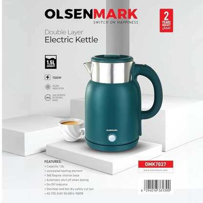 Olsenmark 1.5L Double Layer Electric Kettle OMK7027 – 1500W Stainless Steel Cool-Touch Kettle with 360° Rotating Base, Auto Shut-Off, Overheat & Boil-Dry Protection – Green - Damoo