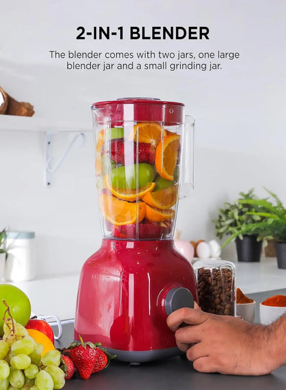 Olsenmark 2-in-1 Blender & Grinder OMSB2362N, 650W Powerful Motor, 1.8L Jar, Stainless Steel Blades, Pulse Function, Unbreakable Jars – Red - Damoo