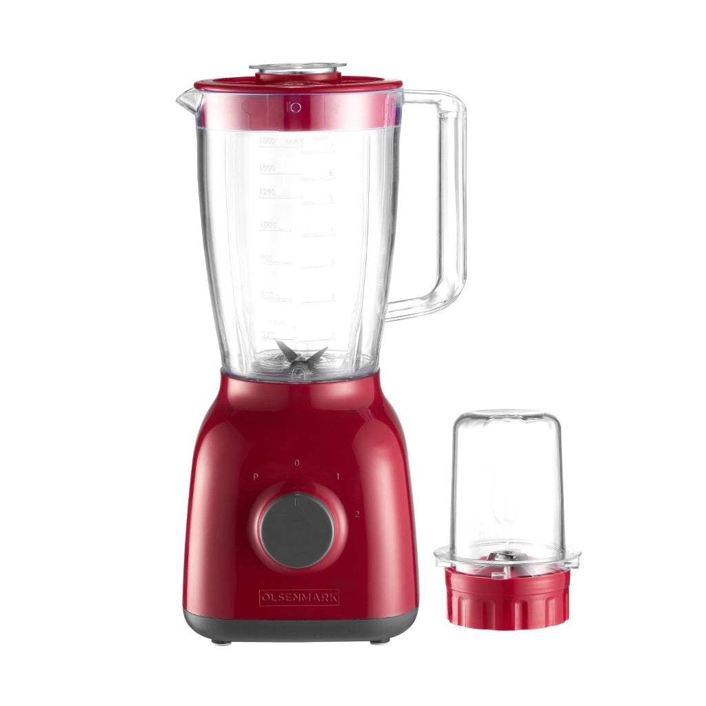 Olsenmark 2-in-1 Blender & Grinder OMSB2362N, 650W Powerful Motor, 1.8L Jar, Stainless Steel Blades, Pulse Function, Unbreakable Jars – Red - Damoo