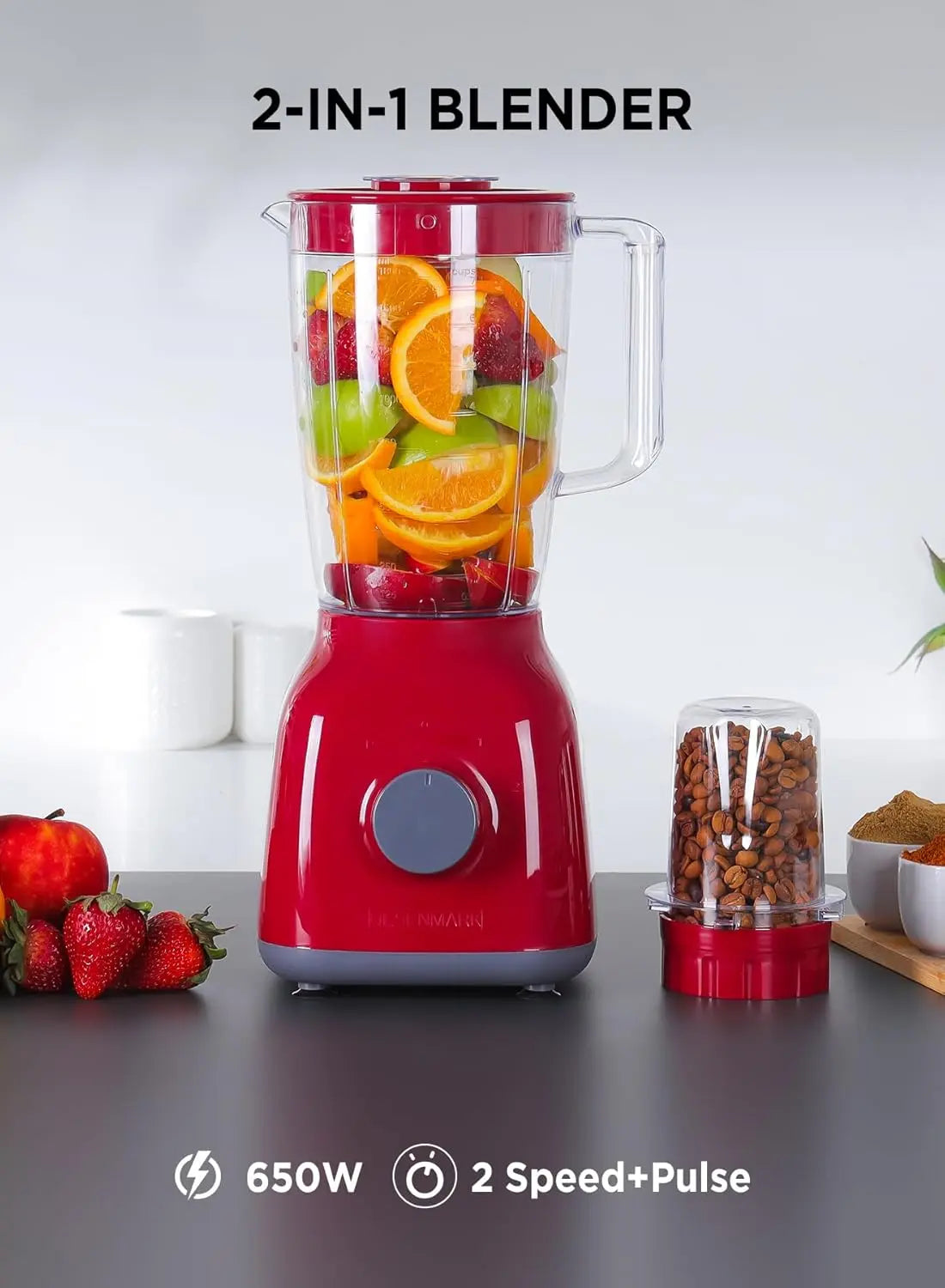 Olsenmark 2-in-1 Blender & Grinder OMSB2362N, 650W Powerful Motor, 1.8L Jar, Stainless Steel Blades, Pulse Function, Unbreakable Jars – Red - Damoo