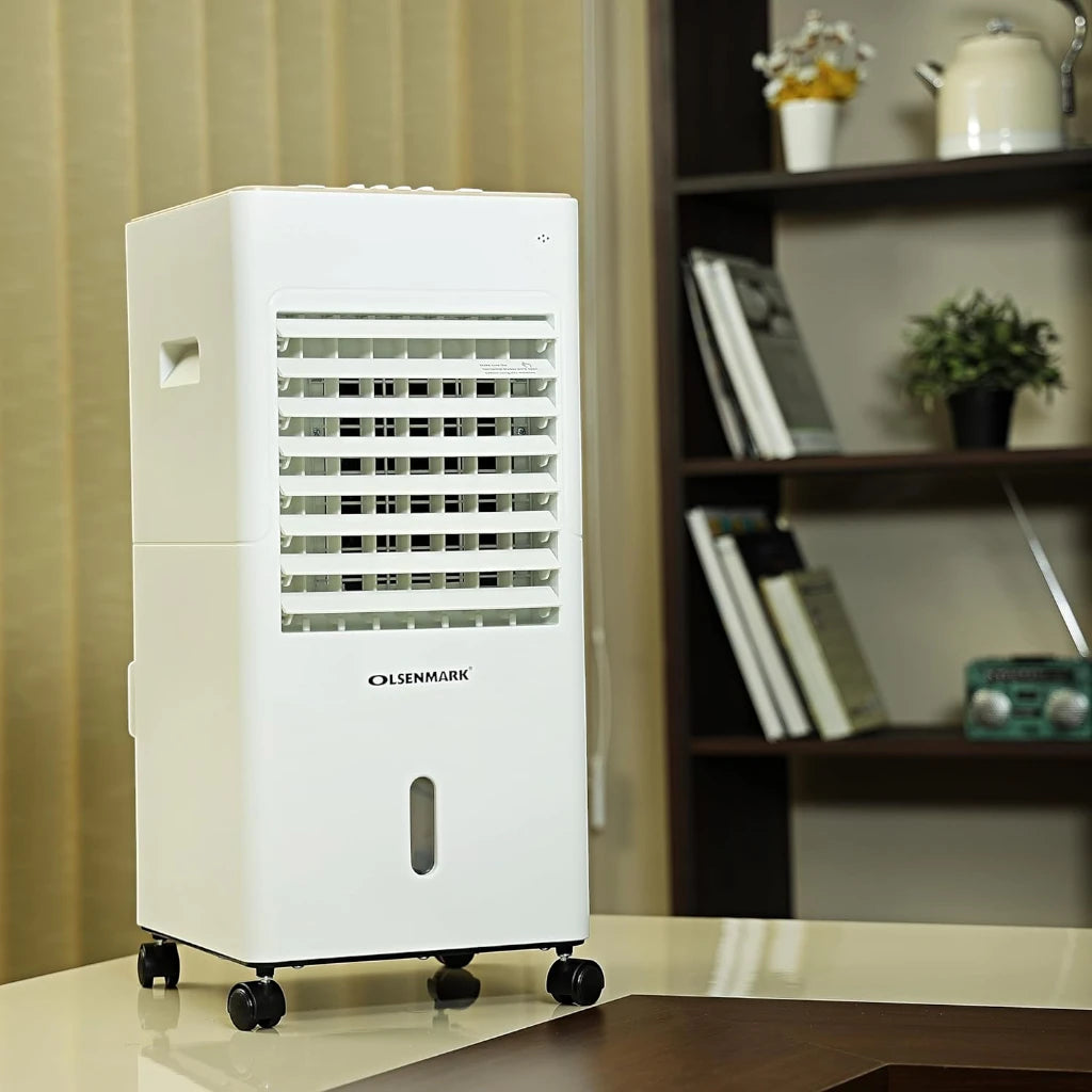 Olsenmark 3-in-1 Portable Air Cooler – Air Purifier, Humidifier & Cooling Fan | 6L Water Tank, Ice Packs, Adjustable Speed, Quiet Operation, Heater Function, 65W - OMAC1783 – White - Damoo