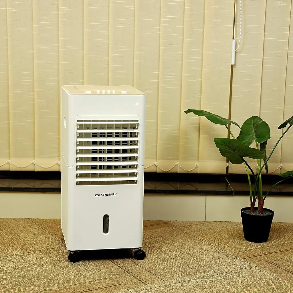 Olsenmark 3-in-1 Portable Air Cooler – Air Purifier, Humidifier & Cooling Fan | 6L Water Tank, Ice Packs, Adjustable Speed, Quiet Operation, Heater Function, 65W - OMAC1783 – White - Damoo