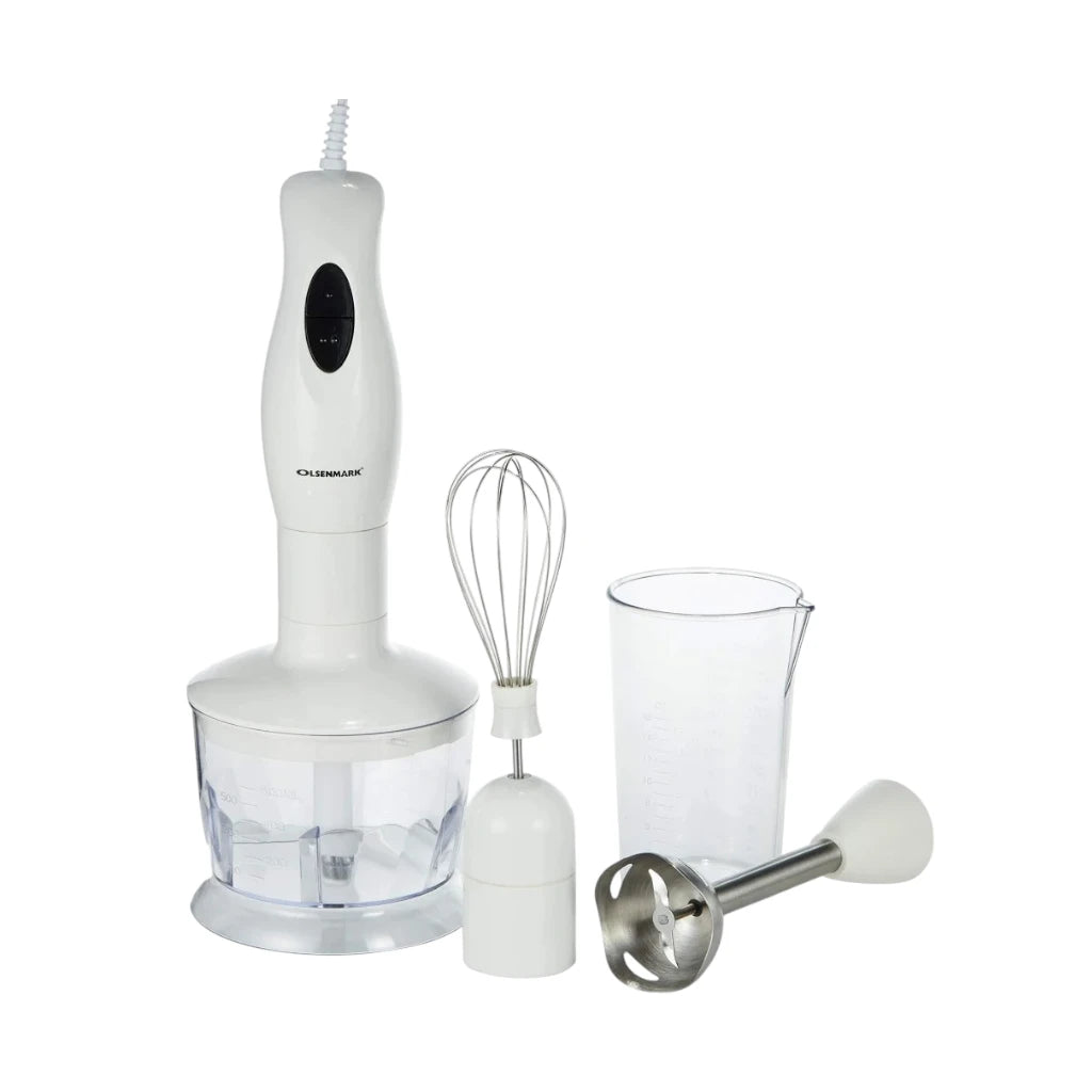 Olsenmark 4-in-1 Hand Blender Set – 250W Powerful Copper Motor, 500ml Chopper, Cup & Whisk Attachments, 2-Speed Control, Stainless Steel Blades, ABS Body – OMHB2353 –White - Damoo