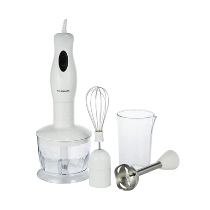 Olsenmark 4-in-1 Hand Blender Set – 250W Powerful Copper Motor, 500ml Chopper, Cup & Whisk Attachments, 2-Speed Control, Stainless Steel Blades, ABS Body – OMHB2353 –White - Damoo