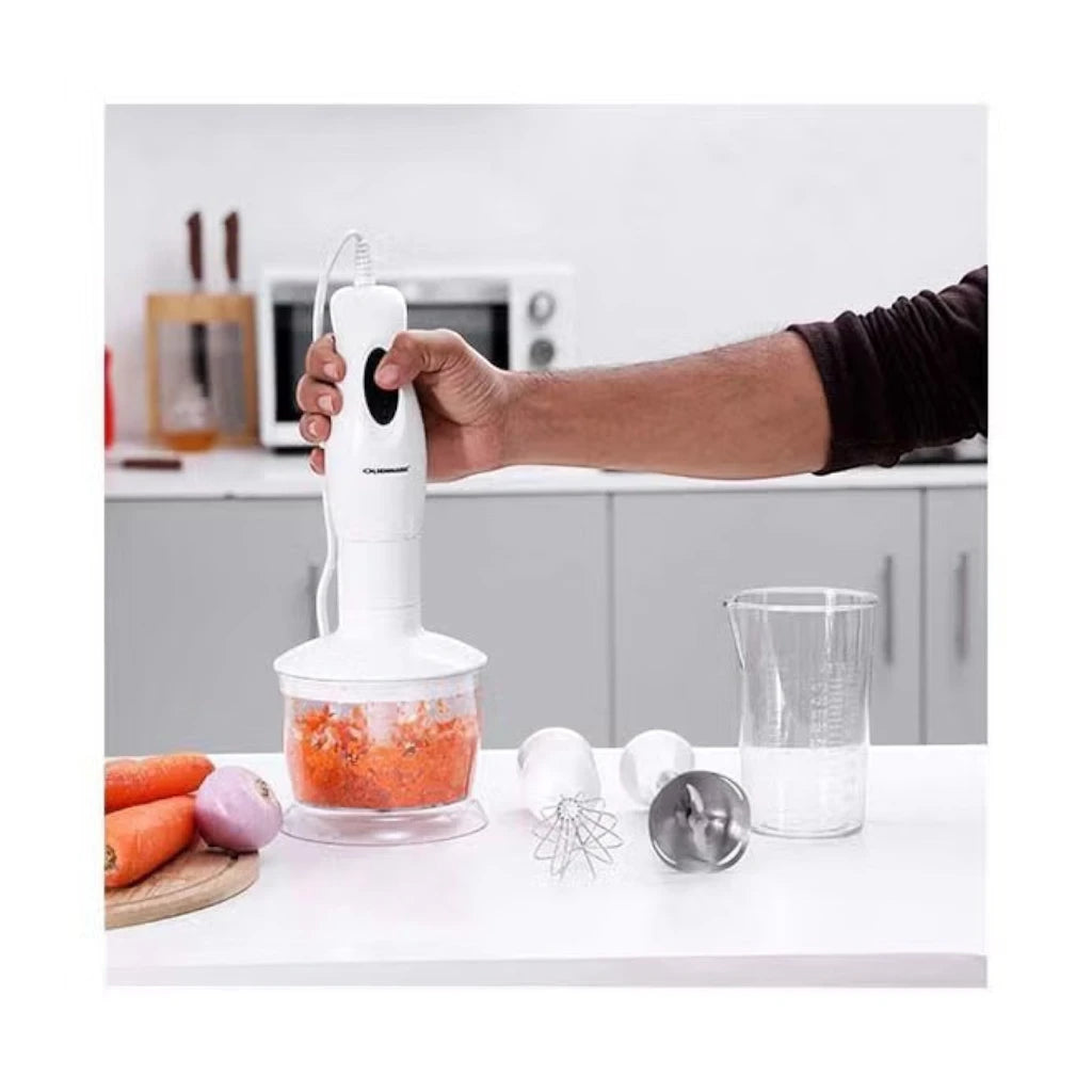 Olsenmark 4-in-1 Hand Blender Set – 250W Powerful Copper Motor, 500ml Chopper, Cup & Whisk Attachments, 2-Speed Control, Stainless Steel Blades, ABS Body – OMHB2353 –White - Damoo
