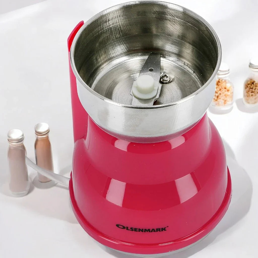 Olsenmark Electric Coffee Grinder – 200W Stainless Steel Blade & Bowl, Detachable Grinding Cup, Multi-Use Grinder for Coffee, Spices, and Dried Fruits – Pink/Silver - OMCG2389 - Damoo