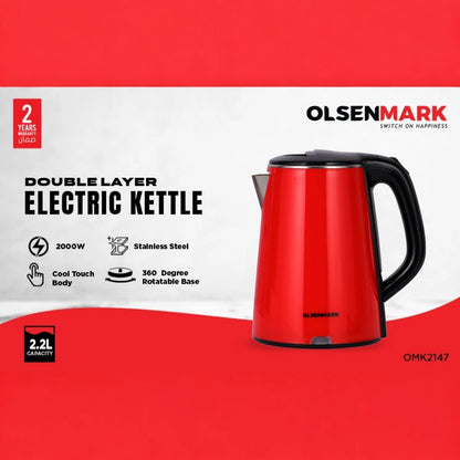Olsenmark Electric Kettle 2.2L – OMK2147 – 1500W Cordless Stainless Steel Kettle with Concealed Heating Element, Boil-Dry Protection, Water Level Indicator & Cool-Touch Handle – Red - Damoo