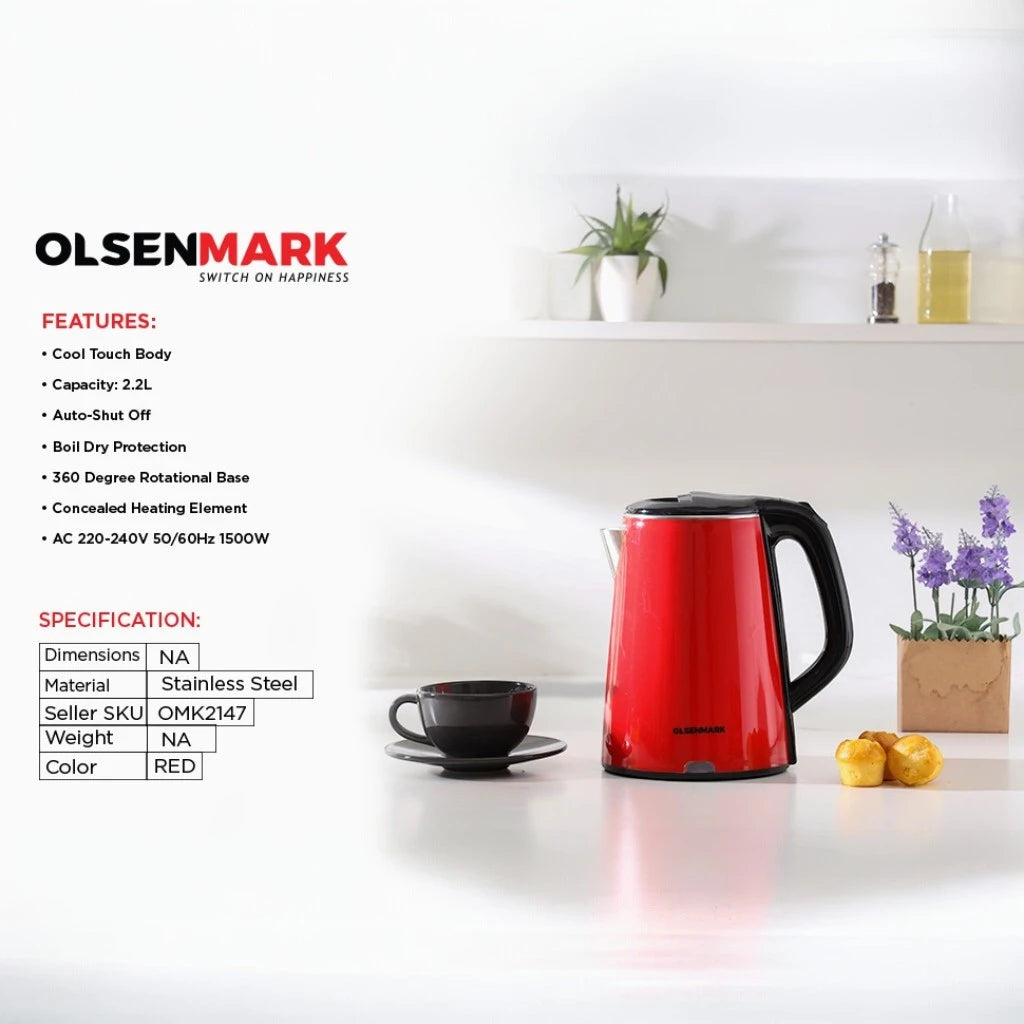 Olsenmark Electric Kettle 2.2L – OMK2147 – 1500W Cordless Stainless Steel Kettle with Concealed Heating Element, Boil-Dry Protection, Water Level Indicator & Cool-Touch Handle – Red - Damoo