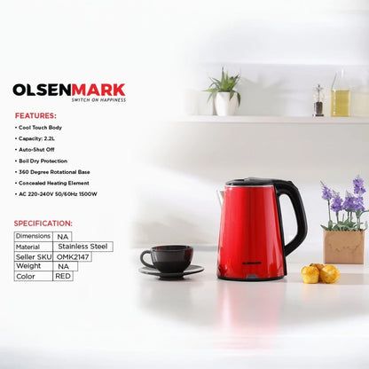 Olsenmark Electric Kettle 2.2L – OMK2147 – 1500W Cordless Stainless Steel Kettle with Concealed Heating Element, Boil-Dry Protection, Water Level Indicator & Cool-Touch Handle – Red - Damoo