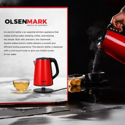 Olsenmark Electric Kettle 2.2L – OMK2147 – 1500W Cordless Stainless Steel Kettle with Concealed Heating Element, Boil-Dry Protection, Water Level Indicator & Cool-Touch Handle – Red - Damoo