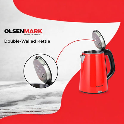 Olsenmark Electric Kettle 2.2L – OMK2147 – 1500W Cordless Stainless Steel Kettle with Concealed Heating Element, Boil-Dry Protection, Water Level Indicator & Cool-Touch Handle – Red - Damoo