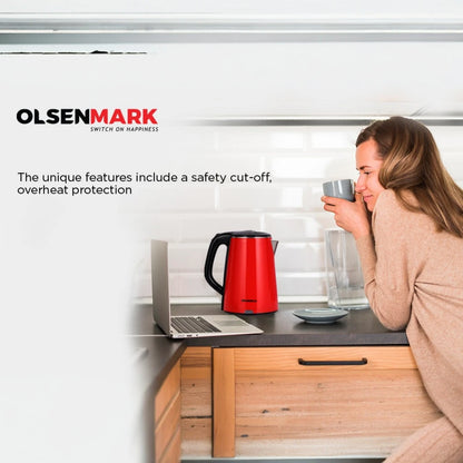 Olsenmark Electric Kettle 2.2L – OMK2147 – 1500W Cordless Stainless Steel Kettle with Concealed Heating Element, Boil-Dry Protection, Water Level Indicator & Cool-Touch Handle – Red - Damoo