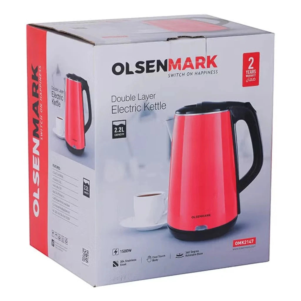 Olsenmark Electric Kettle 2.2L – OMK2147 – 1500W Cordless Stainless Steel Kettle with Concealed Heating Element, Boil-Dry Protection, Water Level Indicator & Cool-Touch Handle – Red - Damoo