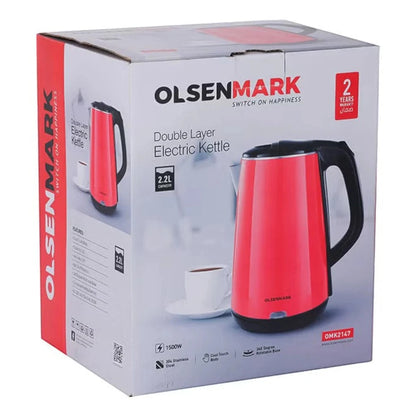 Olsenmark Electric Kettle 2.2L – OMK2147 – 1500W Cordless Stainless Steel Kettle with Concealed Heating Element, Boil-Dry Protection, Water Level Indicator & Cool-Touch Handle – Red - Damoo