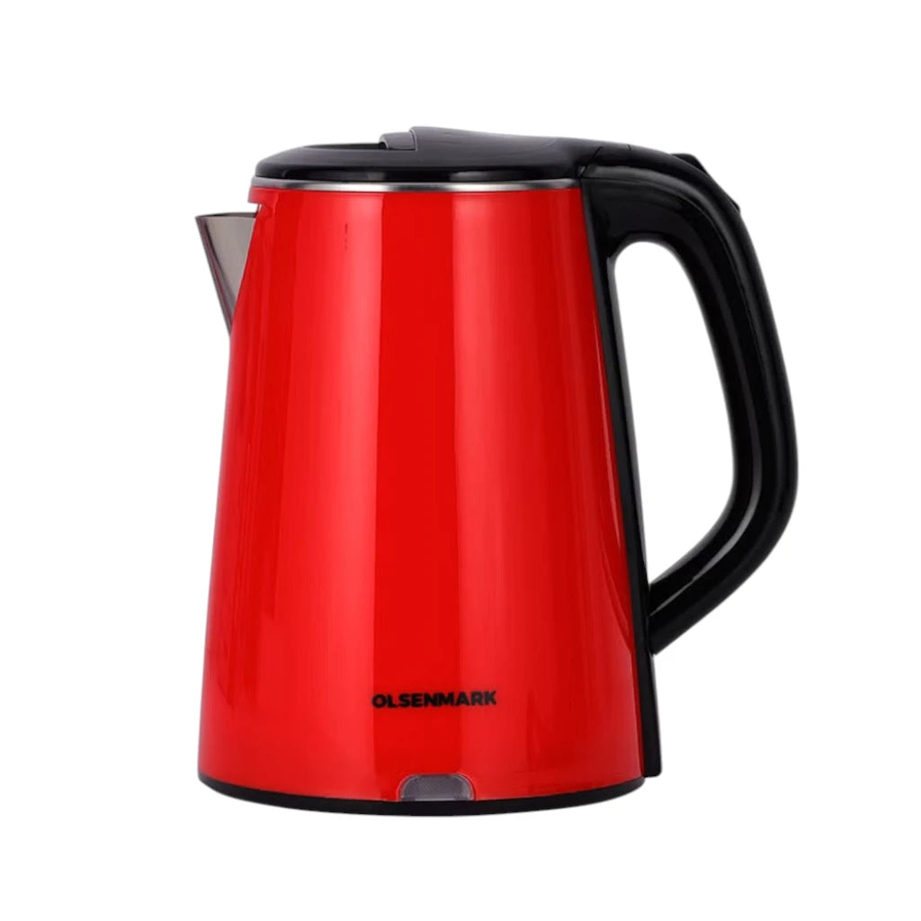 Olsenmark Electric Kettle 2.2L – OMK2147 – 1500W Cordless Stainless Steel Kettle with Concealed Heating Element, Boil-Dry Protection, Water Level Indicator & Cool-Touch Handle – Red - Damoo