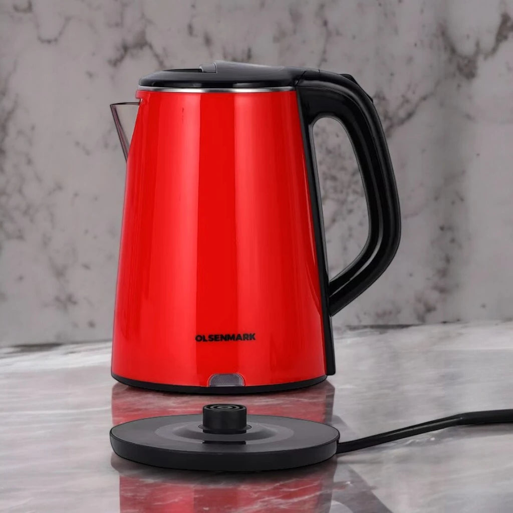 Olsenmark Electric Kettle 2.2L – OMK2147 – 1500W Cordless Stainless Steel Kettle with Concealed Heating Element, Boil-Dry Protection, Water Level Indicator & Cool-Touch Handle – Red - Damoo