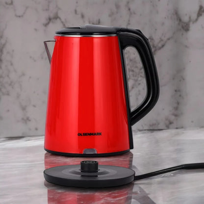 Olsenmark Electric Kettle 2.2L – OMK2147 – 1500W Cordless Stainless Steel Kettle with Concealed Heating Element, Boil-Dry Protection, Water Level Indicator & Cool-Touch Handle – Red - Damoo