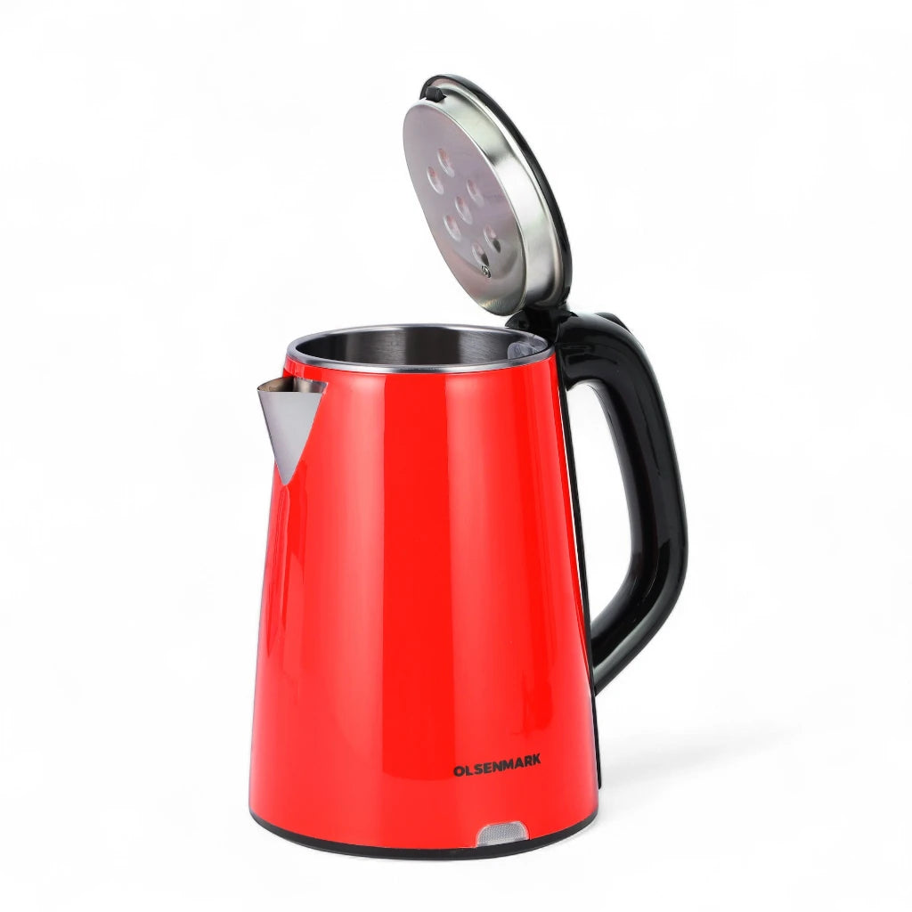 Olsenmark Electric Kettle 2.2L – OMK2147 – 1500W Cordless Stainless Steel Kettle with Concealed Heating Element, Boil-Dry Protection, Water Level Indicator & Cool-Touch Handle – Red - Damoo