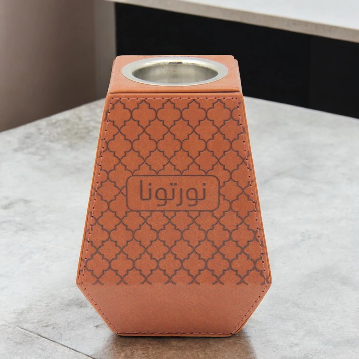 Orange Faux Leather Incense Burner – Decorative Bukhoor Holder with Welcoming Words & Removable Steel Bowl – Elegant Home & Office Aromatherapy Accent - Damoo